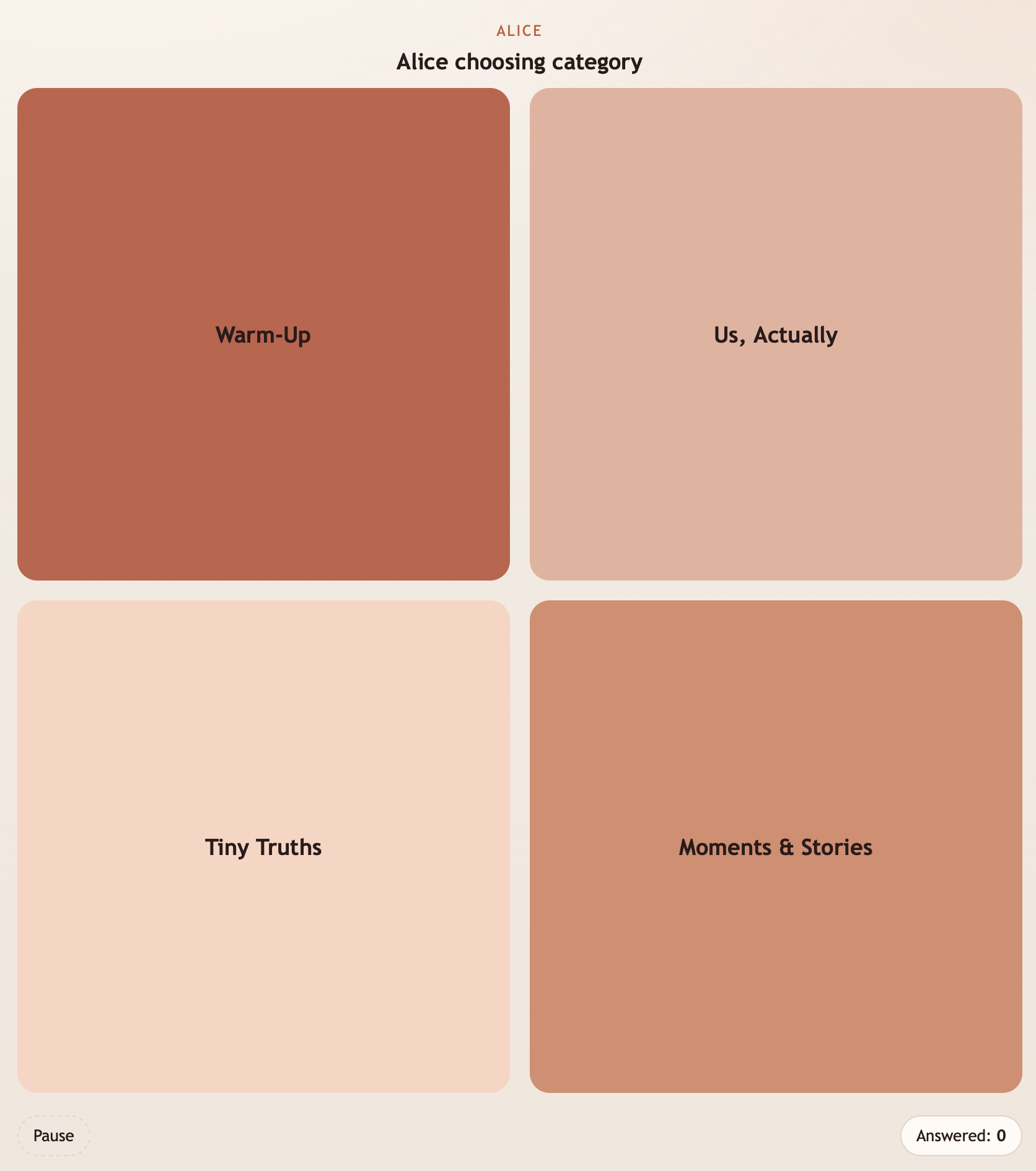 Randomnly drawn 4 categories from available selection shown as clickable panels