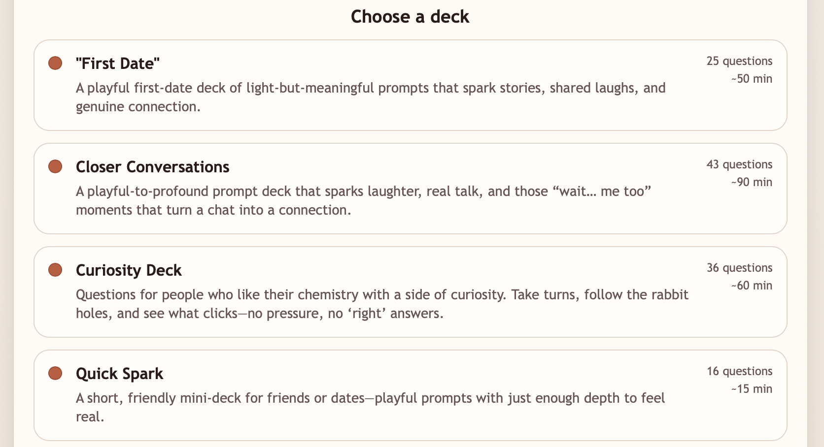 Choose between carefully curated decks.